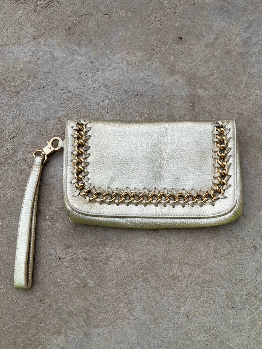 CACHE | Luxe Metallic Genuine Leather Gold Wristlet Clutch Wallet w/ Chain Trim
